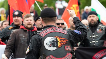 Members of motorcycle club ‘Night Wolves’ at the commemoration of World War II at the Soviet War Memorial in the Treptower Park, Berlin, Germany, May 9, 2019. Photo: EPA-EFE/HAYOUNG JEON
