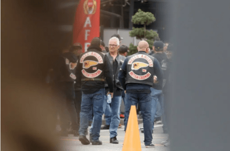 Hells Angels members attends a funeral in Surrey in June 2025. The province announced Dec. 3, 2025 that it had filed a civil forfeiture claim in B.C. Supreme Court for three more Hells Angels clubhouses.